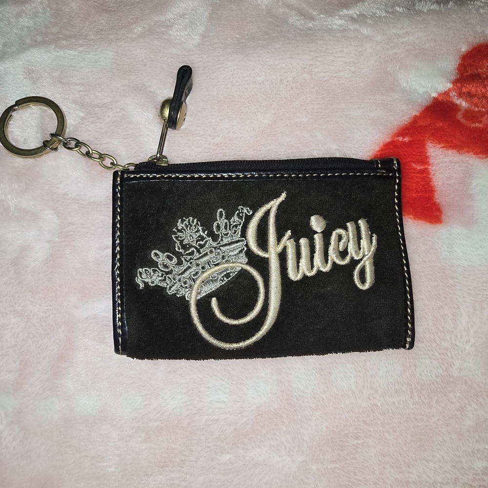 Juicy Couture Black Keychain Coin Pouch with Cream Embroidery (Y2K)